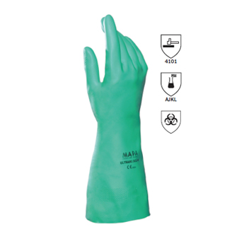 <p>
	Material : Nitrile<br />
	Length (cm) : 32<br />
	Thickness (mm) : 0.38<br />
	Wrist : Straight cuff<br />
	Colour/Color : Green<br />
	Interior finish : Flocked<br />
	Exterior finish : Embossed texture<br />
	Size / EAN : 8,9,10<br />
	Packaging<br />
	- 1pair/bag,<br />
	- 10 pairs/bag,<br />
	- 50 pairs/carton</p>

