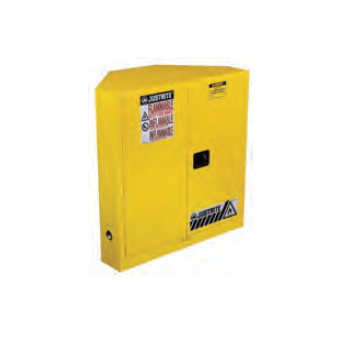 <p>
	Justrite 30gal Flammable Corner Safety Cabinet, Yellow, 2 manual doors<br />
	 </p>
