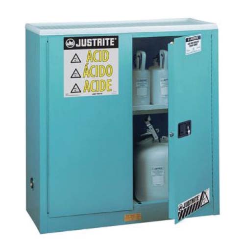 <p>
	Justrite 30gal Corrosive Safety Cabinet, Blue, 2 manual doors<br />
	 </p>
