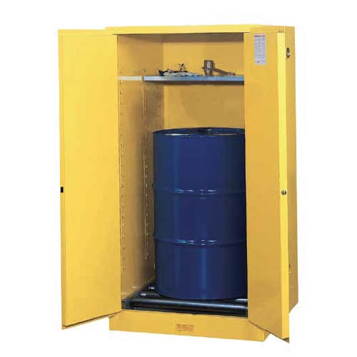 <p>
	Justrite 55gal Flammable Vertical Drum Safety Cabinet, Yellow, 2 manual doors</p>
