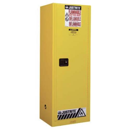 <p>
	Justrite 22gal Flammable Slimline Safety Cabinet, Yellow, 1 manual door</p>
